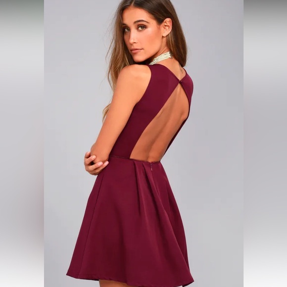 Lulu’s Party Hop Burgundy Backless Skater Dress - Picture 2 of 9